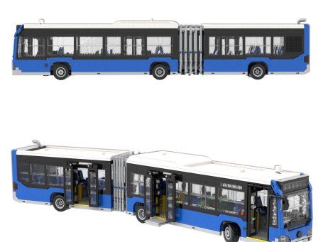 Autobús urbano de dos secciones en color azul y blanco con puertas de acceso.