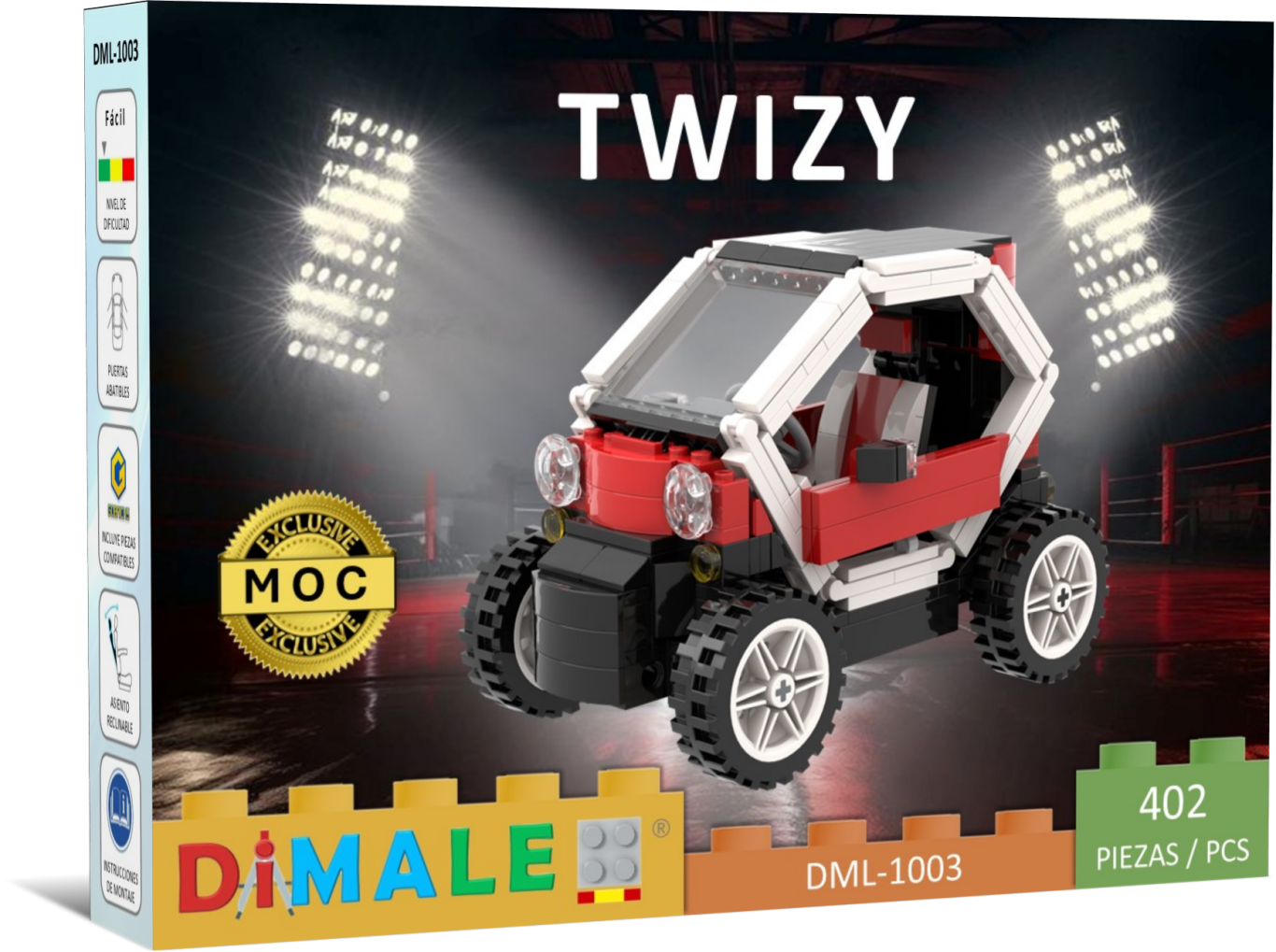 Modelo de vehículo Twizy de bloques, con detalles en rojo y negro. Incluye 402 piezas.