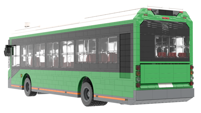 Autobús de ciudad verde con ventanas y asientos visibles en el interior.