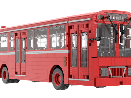 Autobús de juguete rojo con detalles en gris y ventanas transparentes.