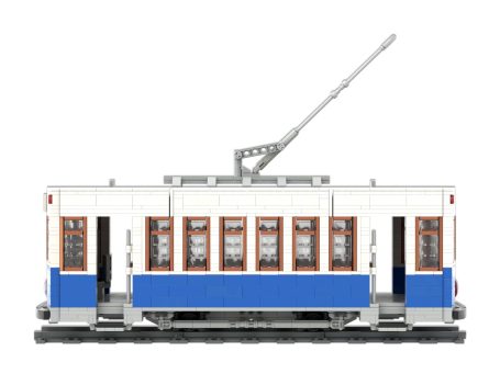 Tren de estilo antiguo con detalles en azul y blanco, equipado con un pantógrafo.