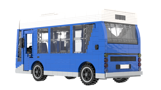 Autobús azul con ventanas y detalles en blanco, visto desde una esquina trasera.