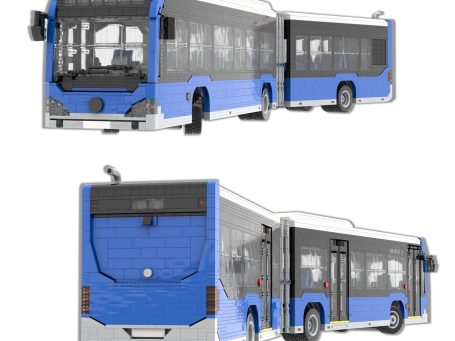 Autobús urbano de dos secciones, pintura azul y detalles en negro.