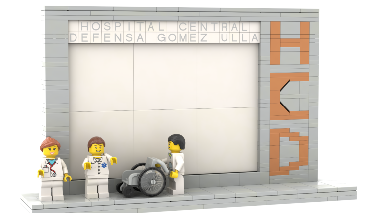 Set de Lego con un marco blanco y dos figuras de construcción a los lados.