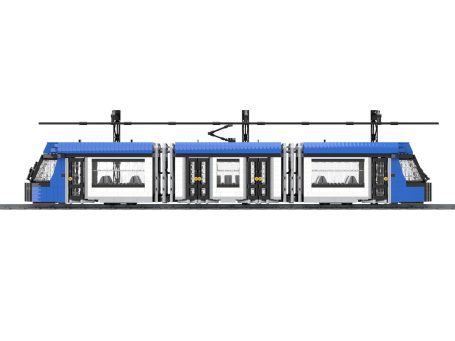 Trnvía moderno Alstom Citadis de tres vagones con colores azules y blancos, diseñado para transporte urbano.