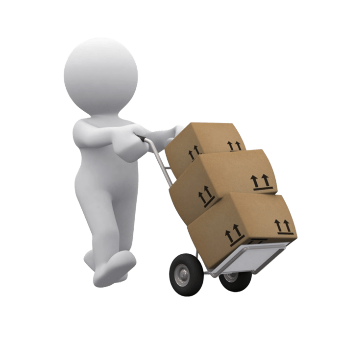 Figura humana con un carrito, transportando cajas de cartón.