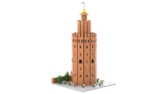 Torre de ladrillo con un tejado dorado y decoración de plantas en su base.