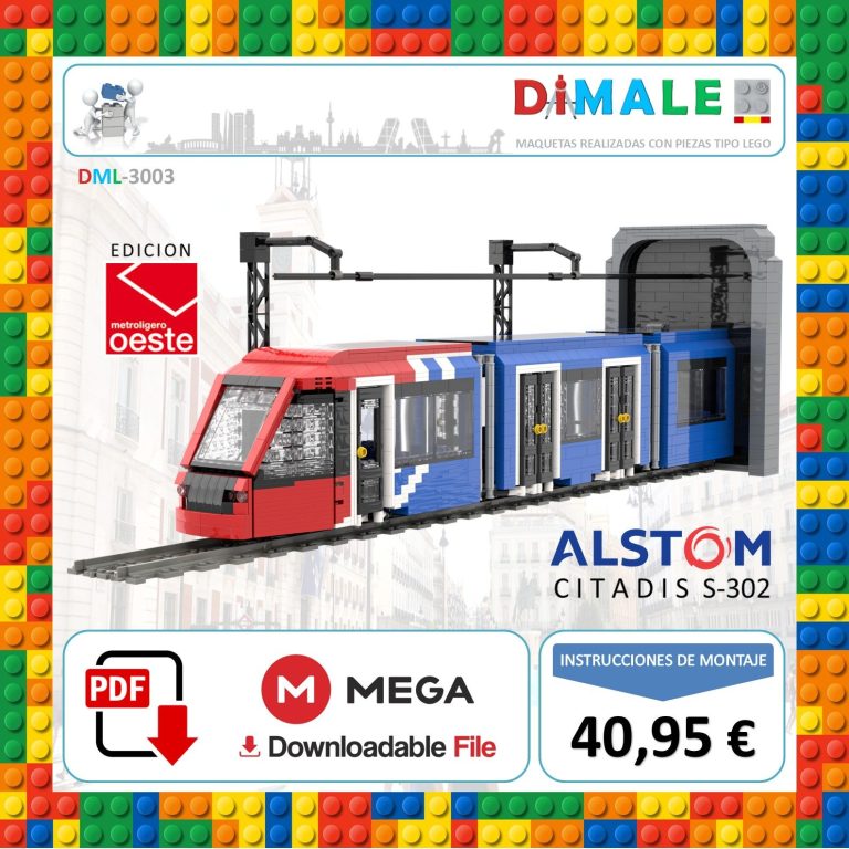 Tren modelo Alstom Citadis S-302 en formato de bloques de construcción.
