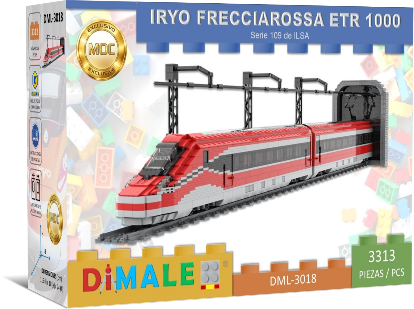 Caja de tren de juguete Iryo Frecciarossa ETR 1000, diseño moderno en tonos rojos y blancos.