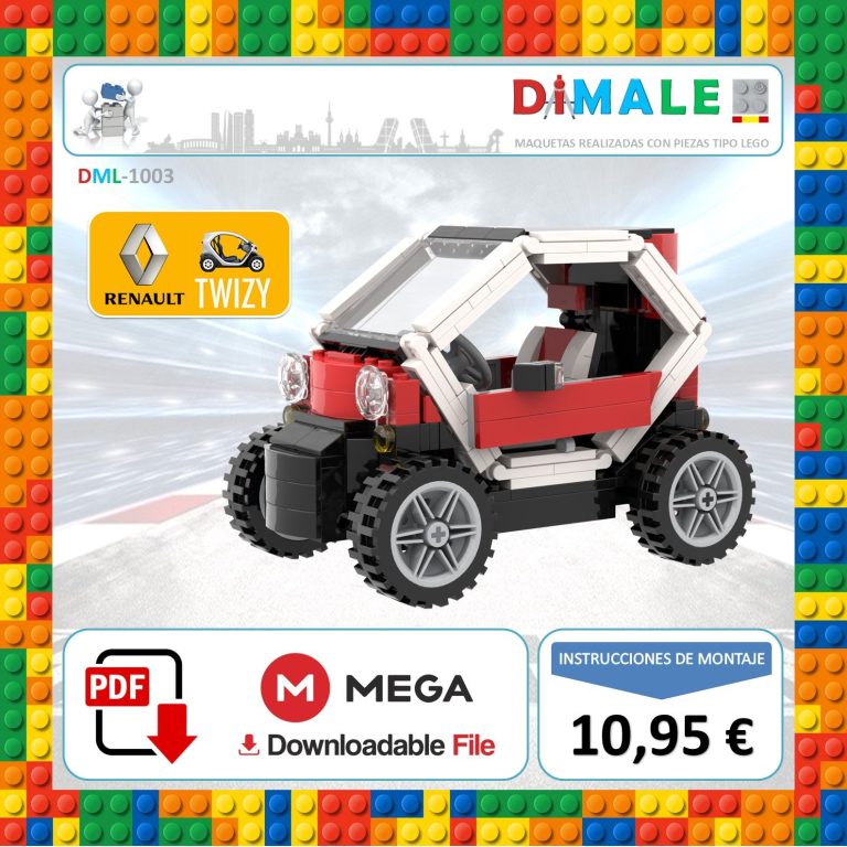Vehículo de juguete de construcción inspirado en Renault Twizy, con diseño colorido.