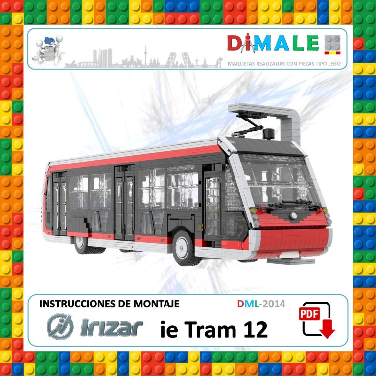 Autobús Irizar ie Tram de la marca Dimale, con fondo de bloques de colores e instrucciones.