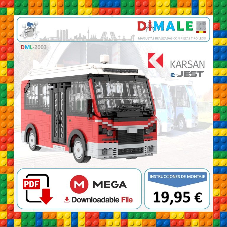 Maqueta de autobús Karsan Jest en bloques de construcción, con detalles visibles.