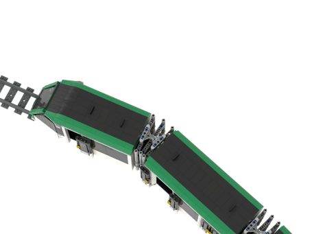 Tren de juguete en colores rojo y azul, con varias puertas y detalles arquitectónicos.