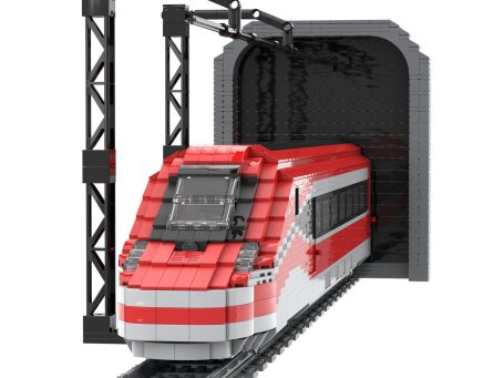 Tren de juguete de bloques de construcción saliendo de un túnel.