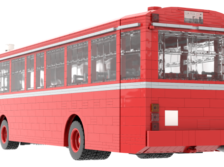 Autobús de juguete rojo de bloques, visto desde la parte trasera.