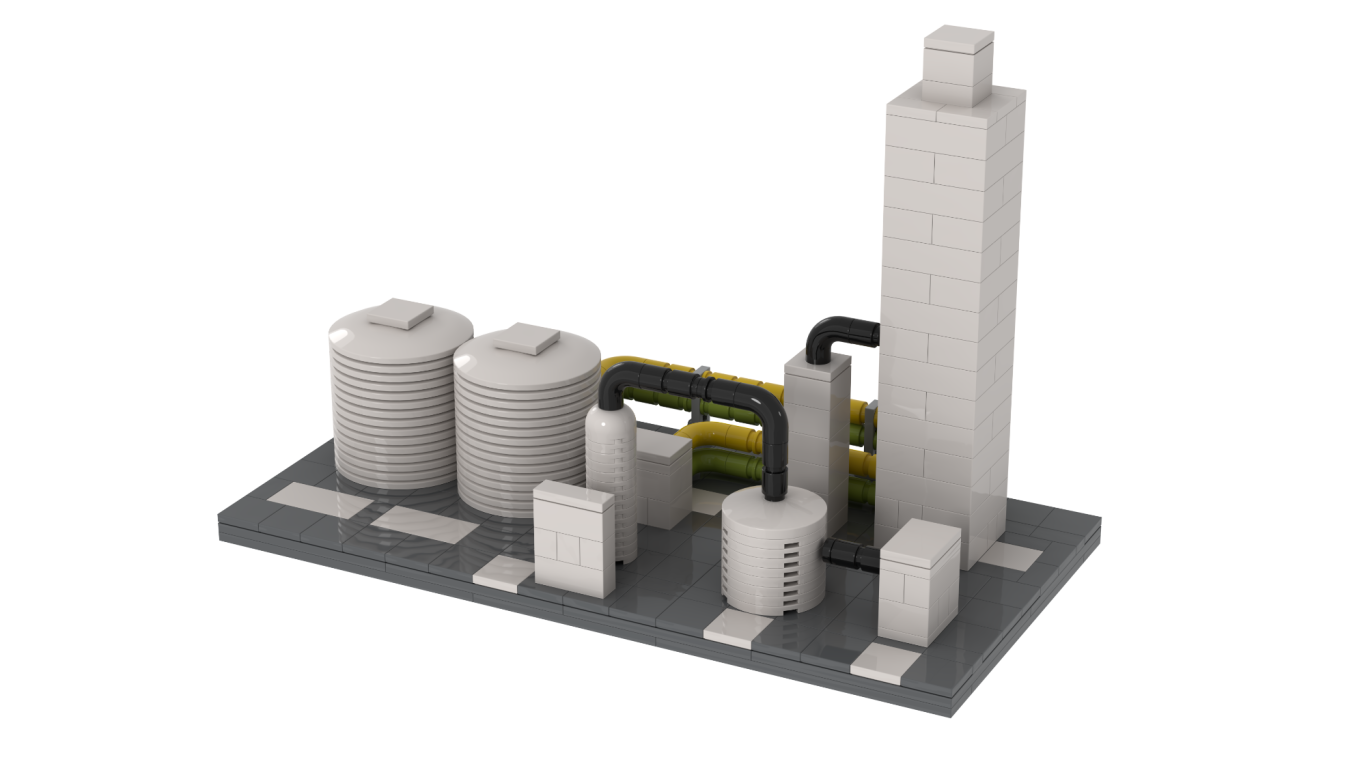 Modelo tridimensional de una planta industrial con estructuras y tanques.