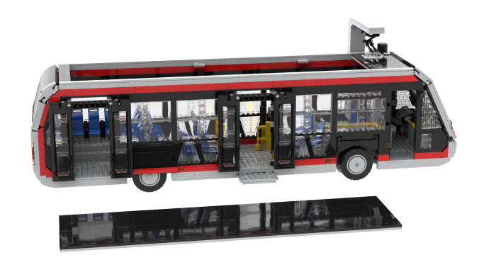 Autobús de juguete en diseño moderno, con asientos y acceso para pasajeros.