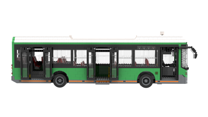 Autobús urbano verde con puertas laterales y asientos interiores visibles.