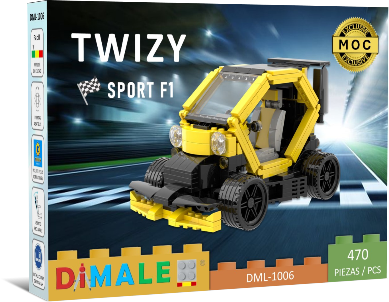 Caja del modelo de construcción Twizy Sport F1 de Dimale, con bloques de colores y diseño futurista.