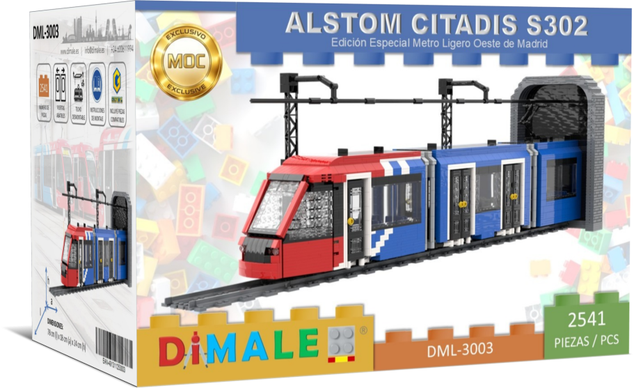 Tranvía Alstom Citadis S302 Madrid Lego MOC Maqueta de tren Alstom Citadis S302 en colores rojo, azul y blanco.