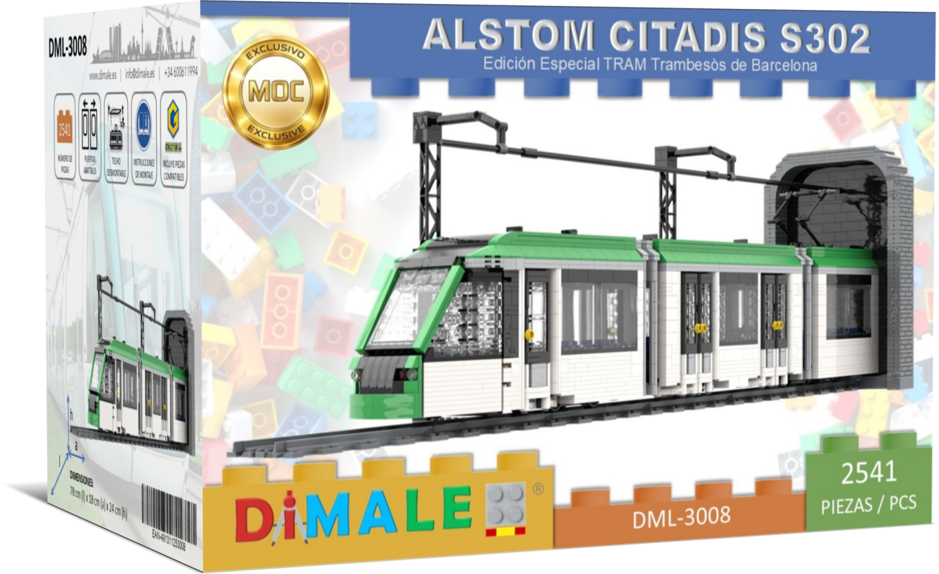 Maqueta de tren Alstom Citadis S302 Trambesós Barcelona en caja, con detalles coloridos y diseño moderno.