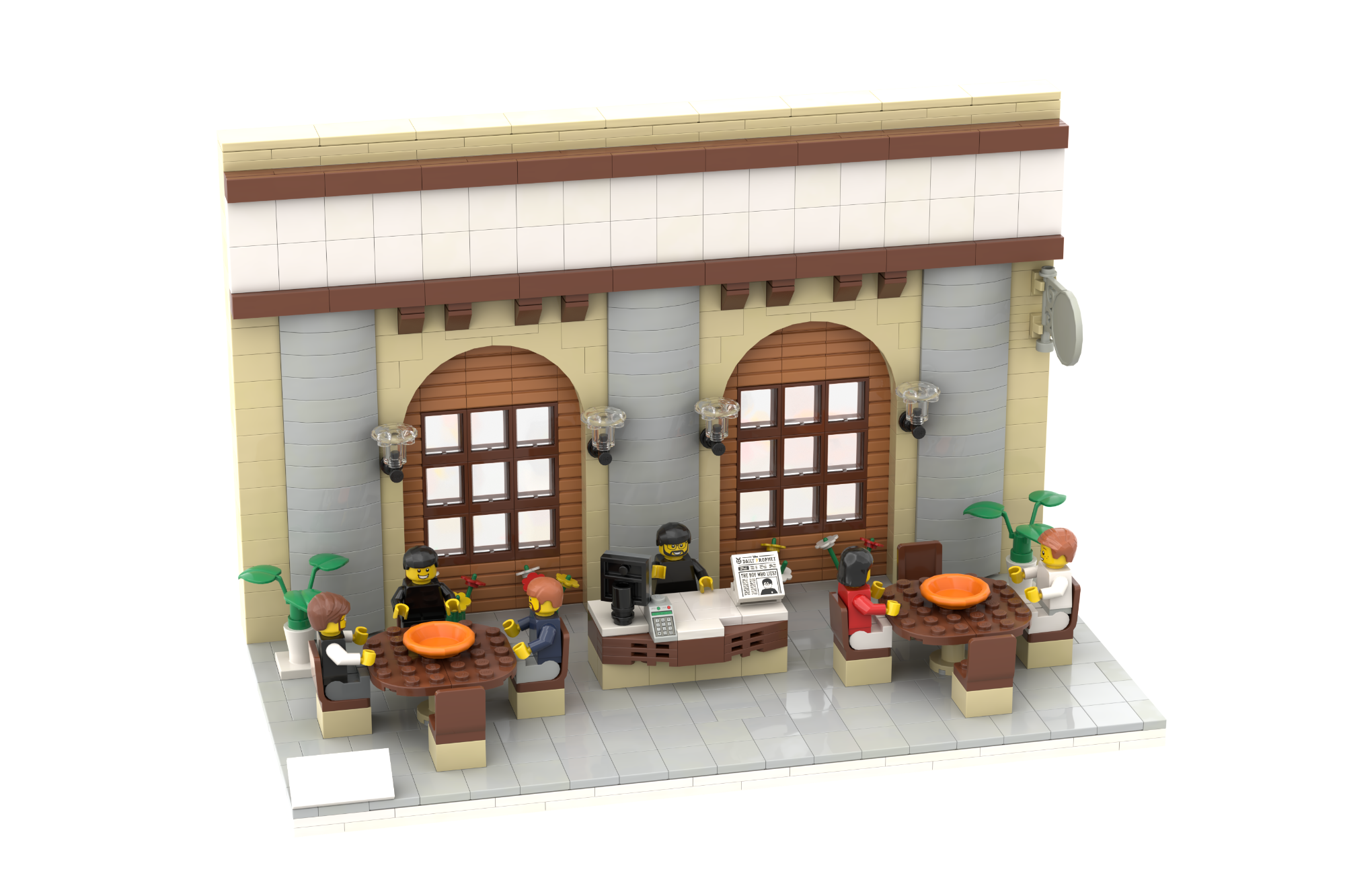 Construcción de un restaurante con mesas, sillas y decoración colorida.