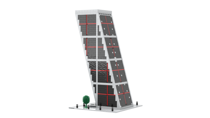 Panel solar inclinado con un fondo blanco y una planta verde a un lado.