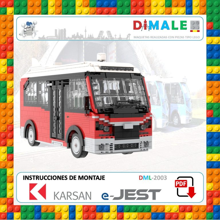Maqueta de autobús Karsan e-Jest en colores rojo y negro, con instrucciones de montaje.