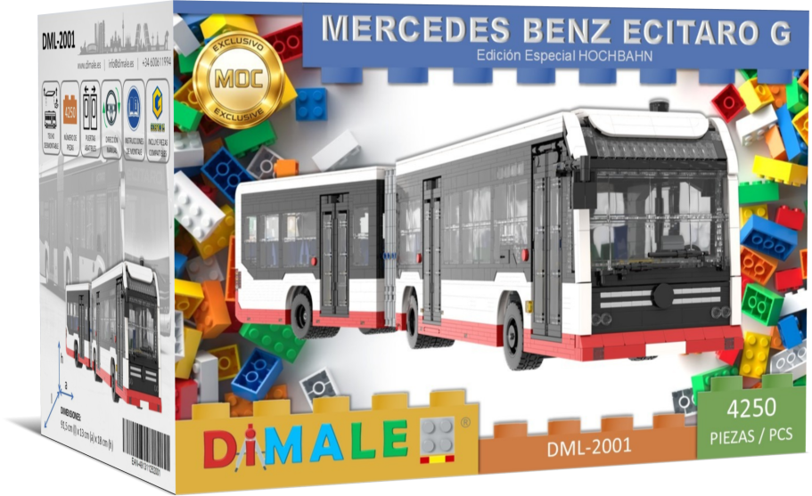 Autobús Mercedes Benz Ecitaro G Lego MOC Caja de construcción de un autobús Mercedes Benz Citaro G, con bloques de colores.