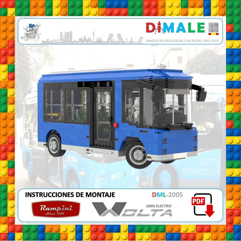 Autobús azul de juguete, estilo bloques, con instrucciones de montaje.