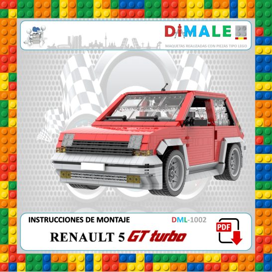 Instrucciones Renault 5 GT Turbo Maqueta en bloques de un Renault 5 GT Turbo en un fondo colorido de bloques.