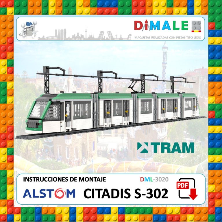Tren moderno de tranvía Citadis S-302 con instrucciones de montaje.