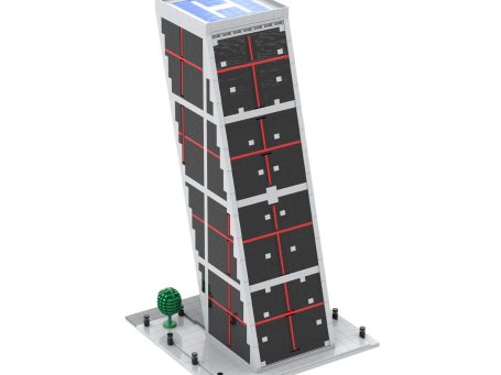 Edificio moderno inclinado con paneles solares y árboles en la base.