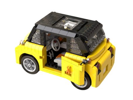 Coche de juguete Lego amarillo con puertas que se abren y detalles en el interior.