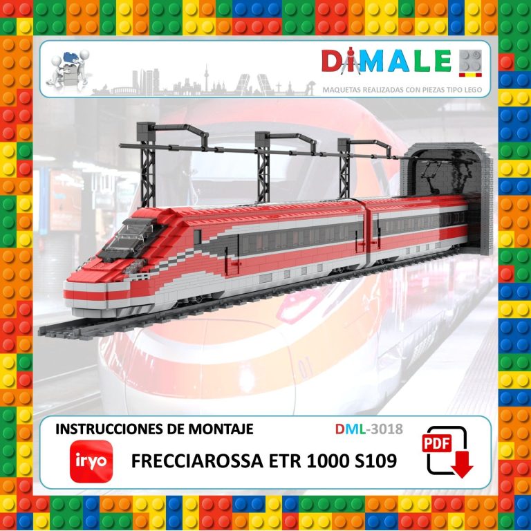 Tren de alta velocidad Frecciarossa ETR 1000 en un entorno de construcción de Lego.