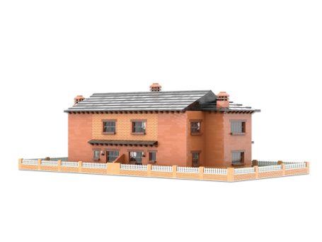 Casa de dos pisos de ladrillo con techo a dos aguas y cerca blanca.