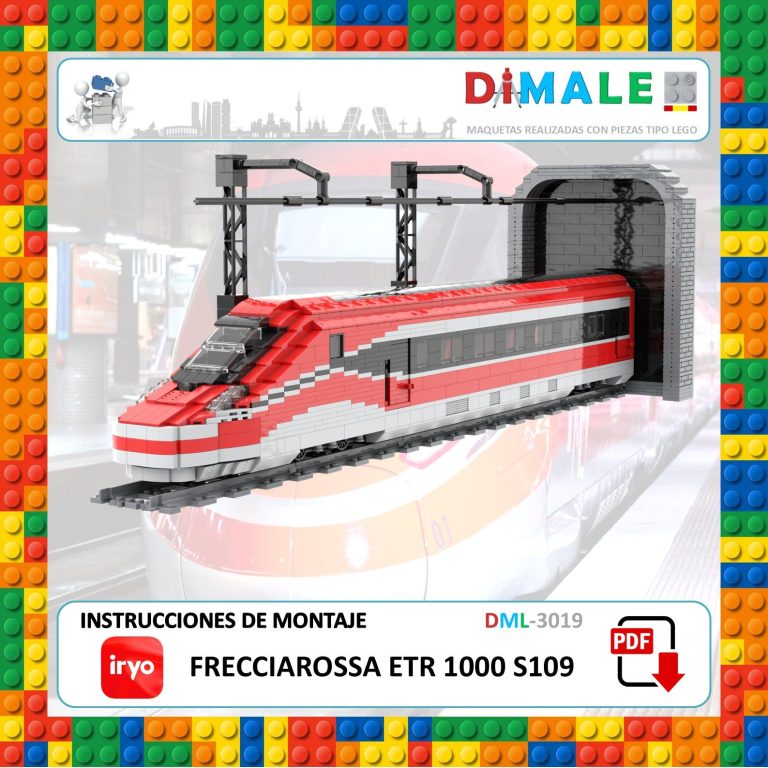 Tren de juguete Frecciarossa ETR 1000 en un túnel, con detalles en rojo y blanco.