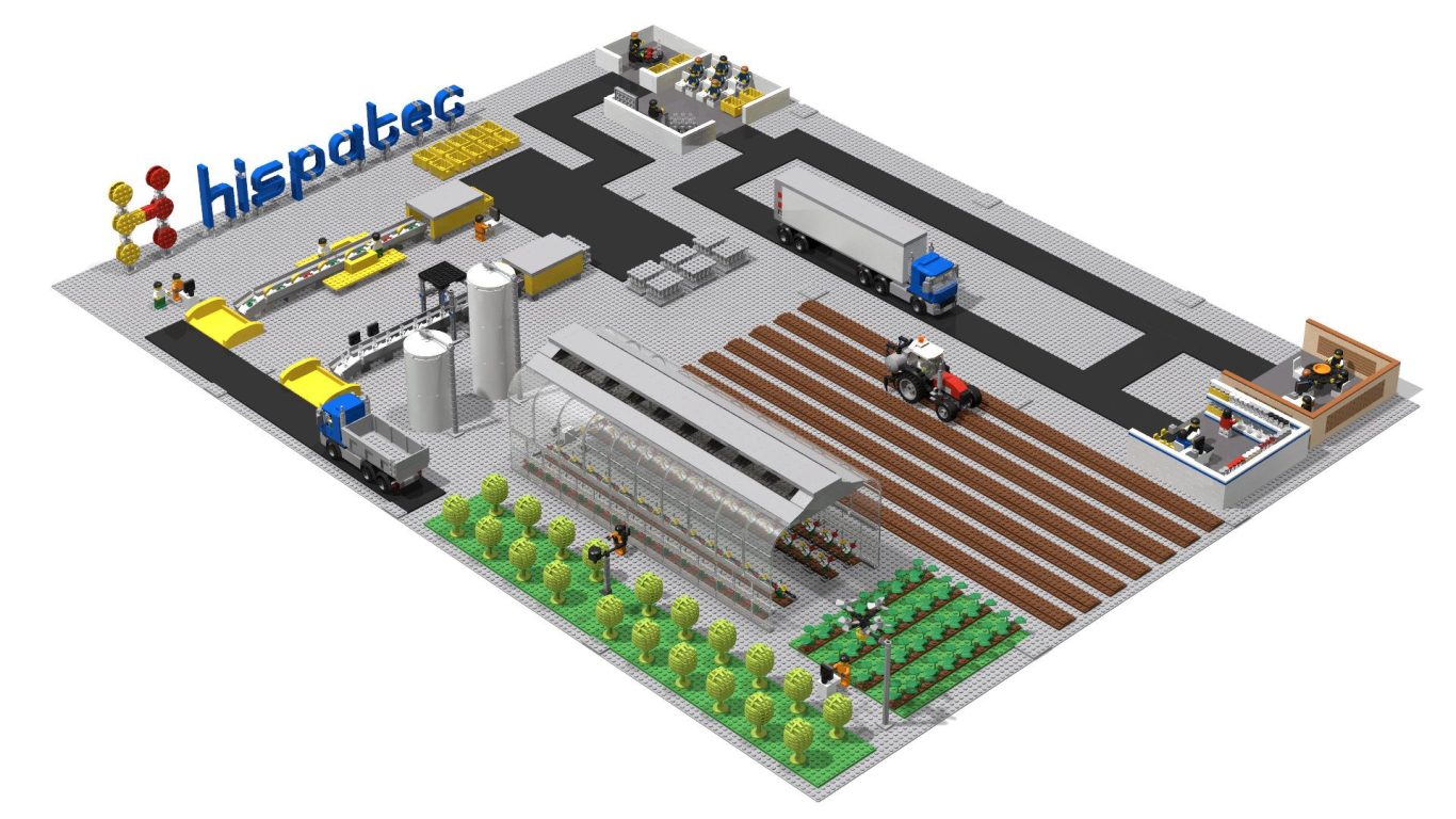 Plano isométrico de una fábrica con maquinaria, cultivos y vehículos en el diseño.