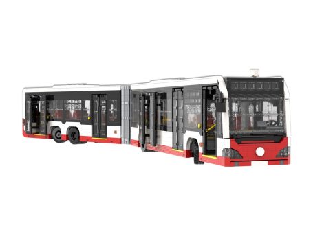 Autobús articulado con dos secciones, de color blanco y rojo.