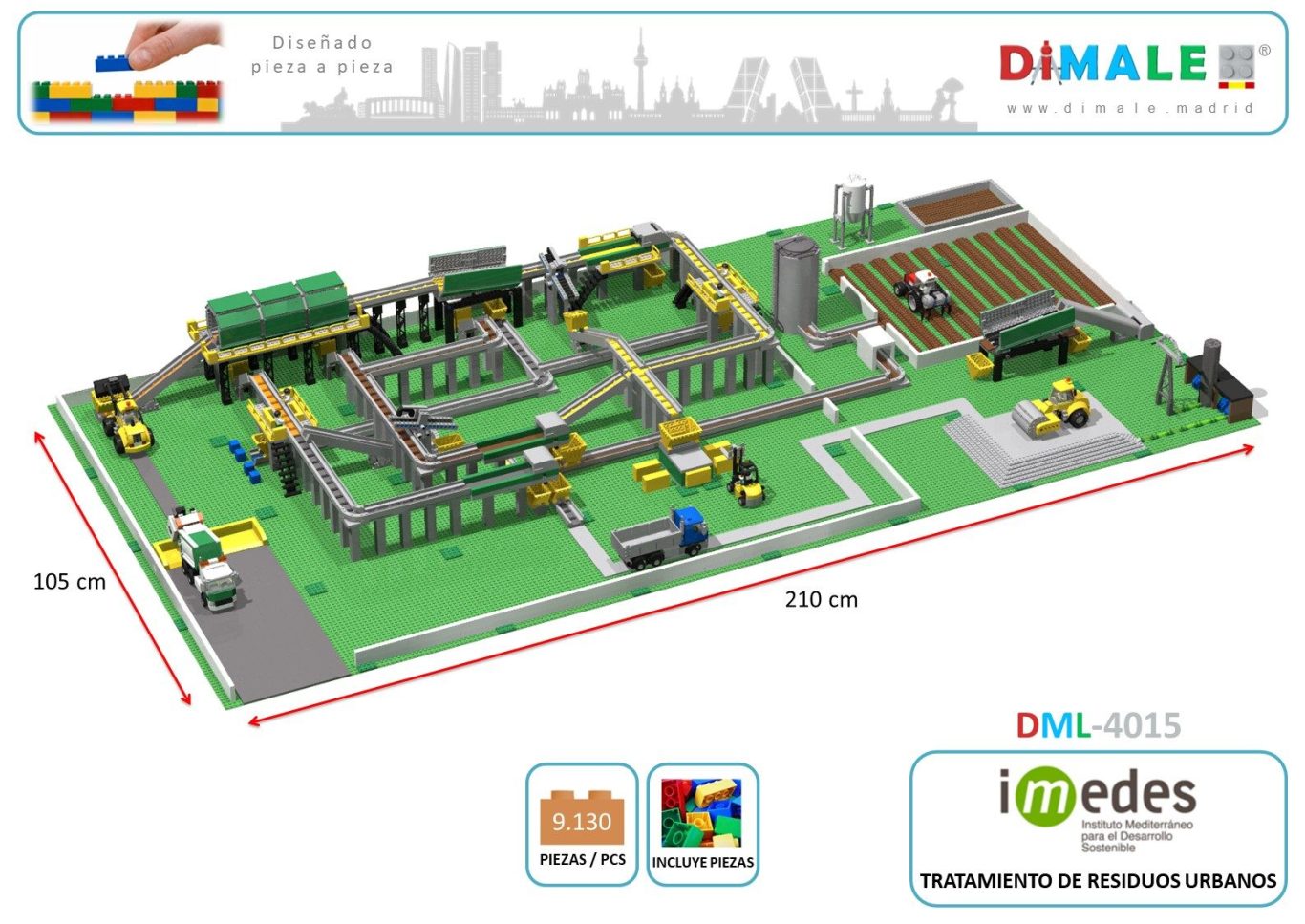 Planta industrial con maquinarias, caminos y áreas de almacenamiento representadas en 3D.