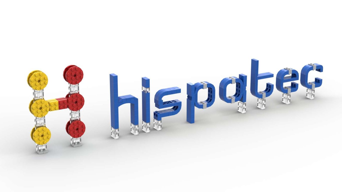 Logotipo de Hispatec con elementos en azul, rojo y amarillo, representando tecnología.