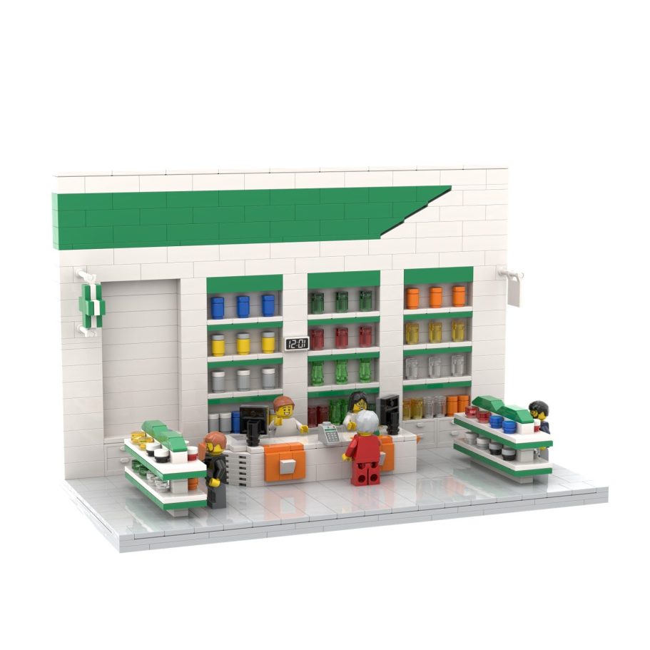 Una tienda de Lego con estantes llenos de productos y mostradores de atención al cliente.