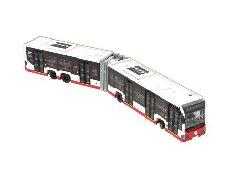 Autobús articulado de dos secciones con diseño moderno y colores en blanco y negro.