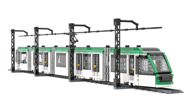 Tren de juguete con diseño moderno, color verde y blanco, sobre rieles.