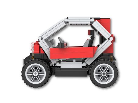 Vehículo de juguete construido con piezas de bloques, color rojo y gris.