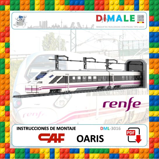Instrucciones CAF Oaris Renfe Instrucciones de montaje para el tren Oaris de Renfe, con fondo de LEGO.