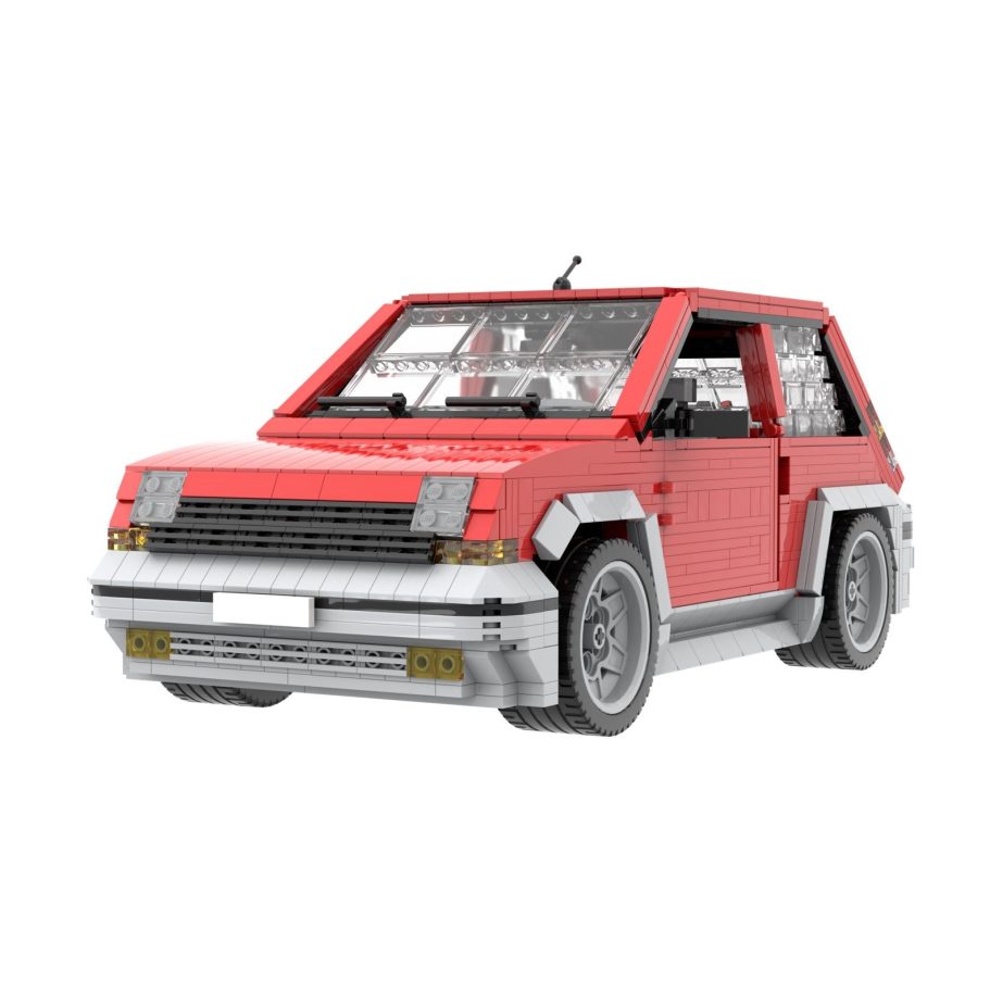 Coche de juguete rojo tipo compacto con detalles en gris y ruedas.