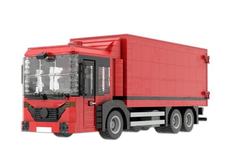 Camión de juguete rojo de bloques, con cabina y caja de carga detalladas.
