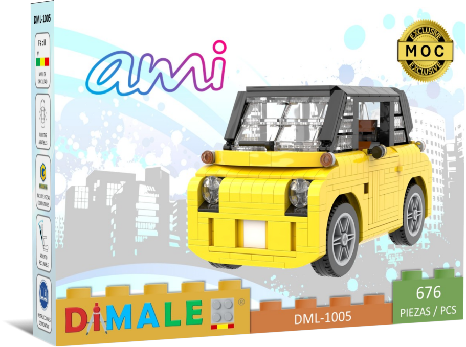 Cuadriciclo Citroën Ami Lego MOC Coche de juguete amarillo tipo Lego con ventanas y ruedas, modelo ami de Dimale.