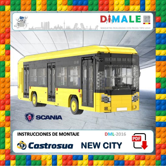 Instrucciones Castrosua Scania New City Autobús amarillo de juguete con instrucciones de montaje, diseñado para encajar piezas.